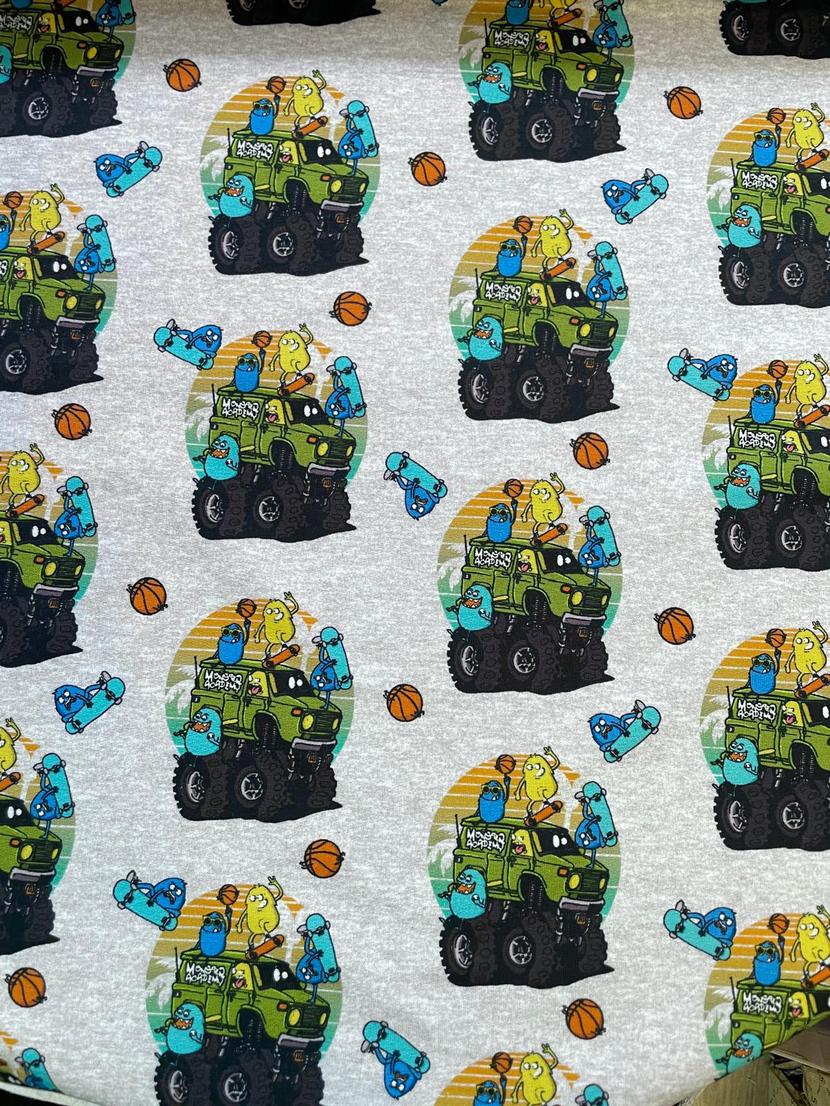 French Terry "Monster Truck & Friends" grau